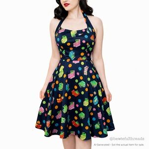 Hearts & Roses Sz 4 Navy Arcade Game Retro Pin-Up Halter Dress NWT